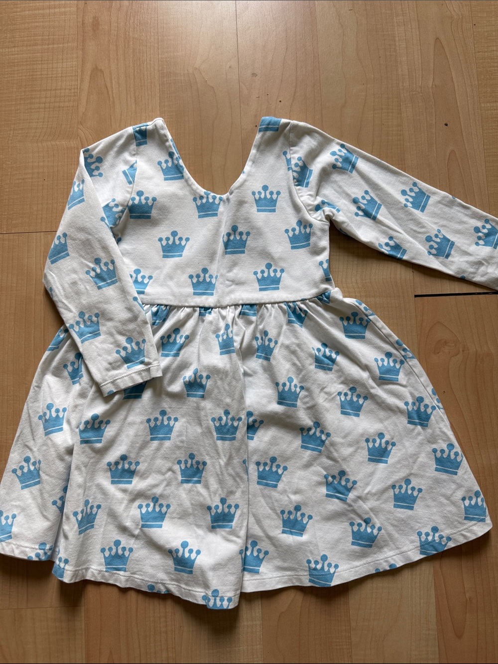 Monica and Andy Girl's White Long Sleeve Dress with Blue Crown Print